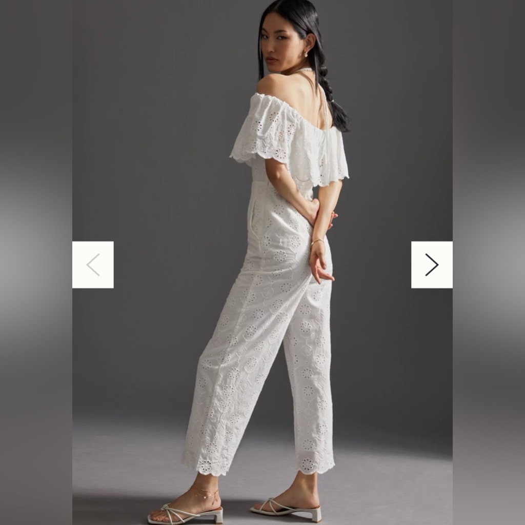 Maeve By Anthropologie Athena White Eyelet Off Shoulder Scallop Jumpsuit, Size 8